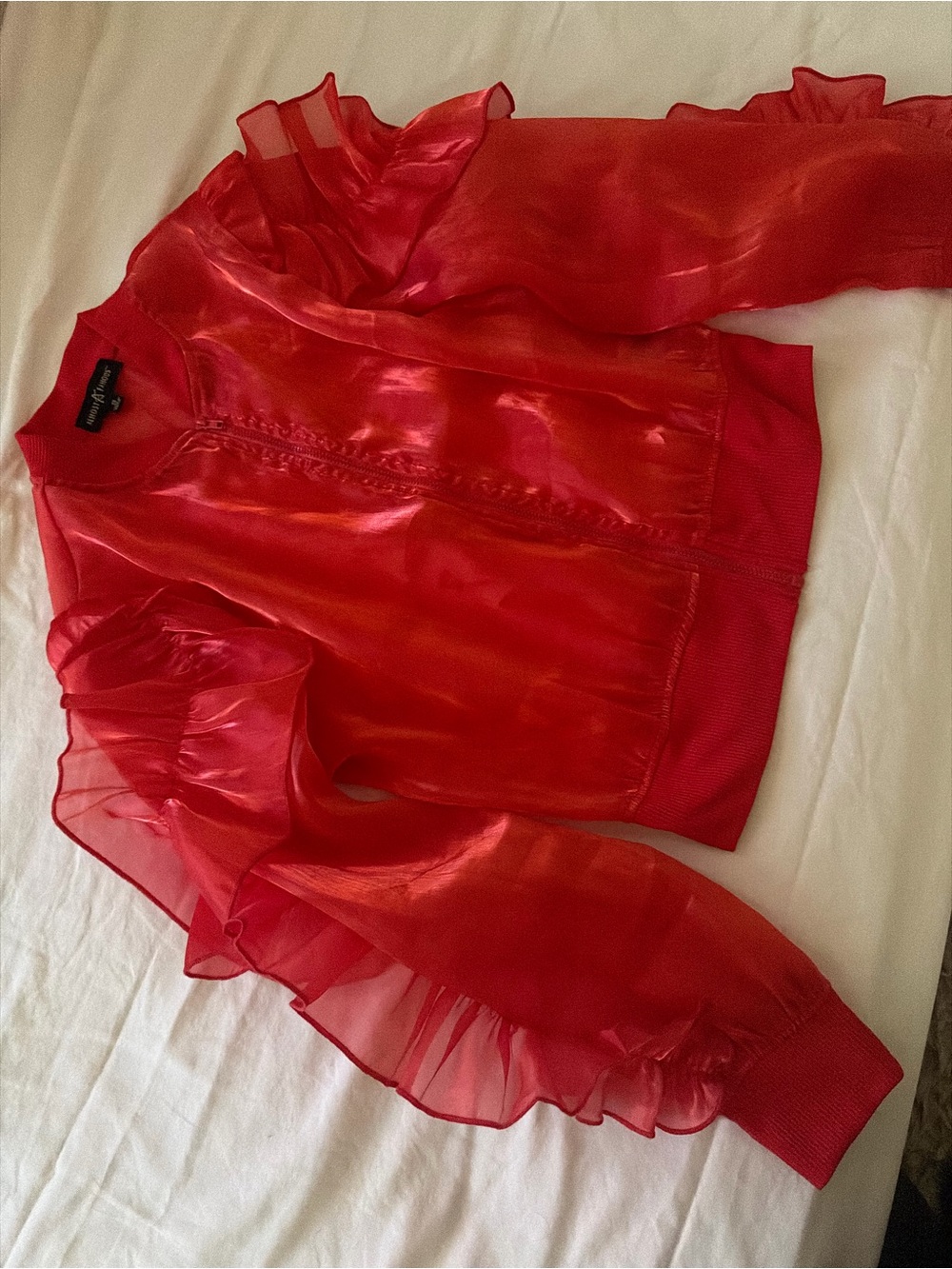 Sheer Ruffle Bomber Jacket - Red - Picture 9 of 12